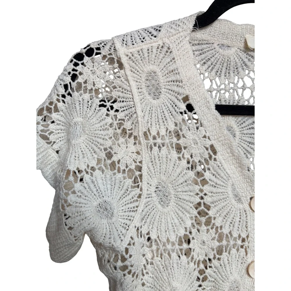 Rebellion Crochet Cardigan Cream Boho Floral Open Knit Button Front Size M - Picture 6 of 9